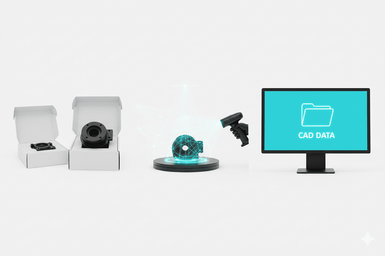 Prozessgrafik für Reverse Engineering: Vom physischen Bauteil über den 3D-Scan bis zur fertigen CAD-Datei.